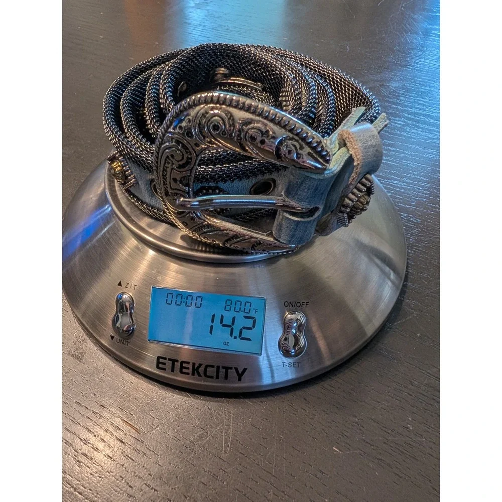 Embellished Blue Metallic Women's Fashion Belt with Ornate Silver Buckle